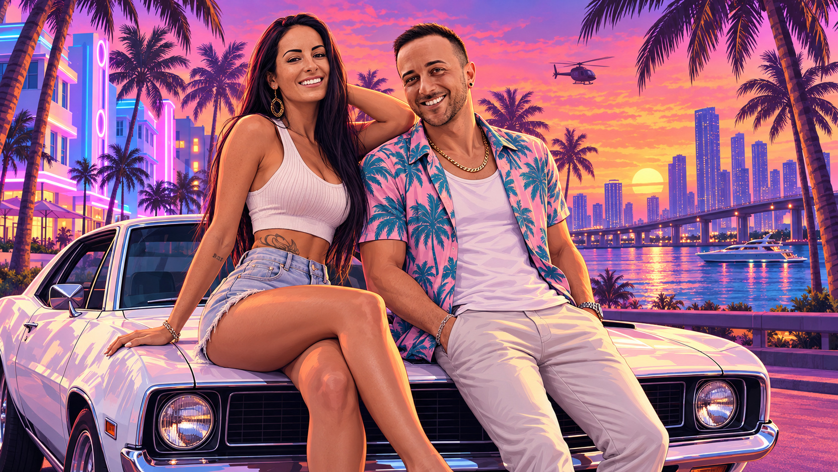 GTA VI Honeymoon Challenge — Susan & Dave vor einer Tankstelle in Vice City
