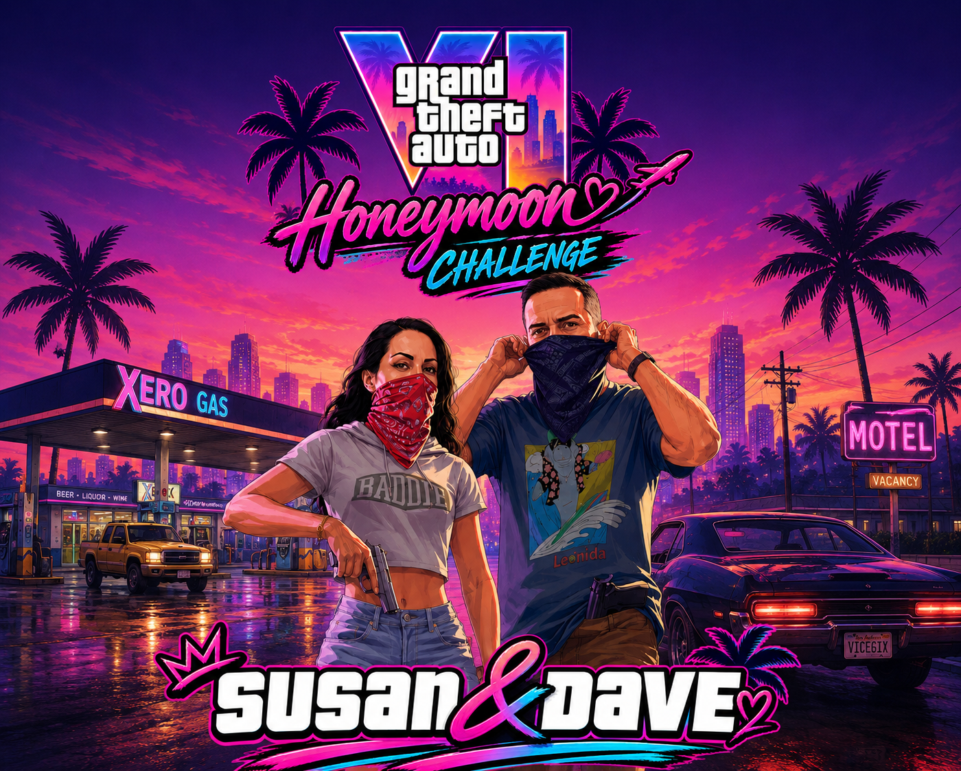 GTA VI Honeymoon Challenge — Susan & Dave vor einer Tankstelle in Vice City